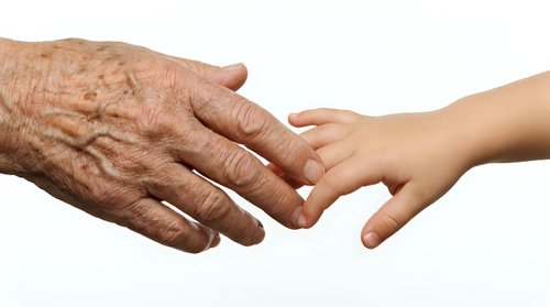 Elderly wrinkled hand gently holding young smooth hand showing intergenerational connection, care and support between generations on white background.