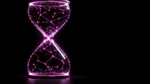 Digital hourglass with glowing purple neon wireframe structure and particle effects on black background for technology and time management concepts.