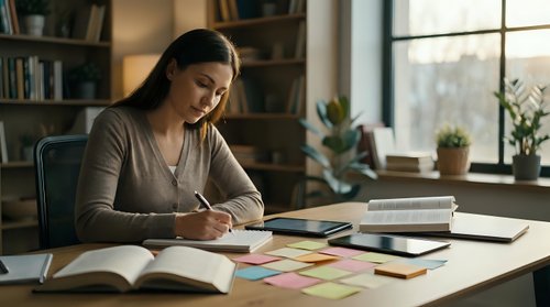 Young Asian woman student studying at desk with books and notes in cozy home library interior with natural window light for education and learning concepts.