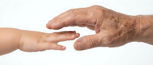 Young and elderly hands reaching toward each other symbolizing connection, care, and intergenerational support on white background.