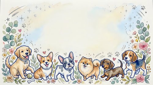 Adorable puppy border frame with various dog breeds sitting together surrounded by floral elements and paw prints on watercolor background for pet designs.