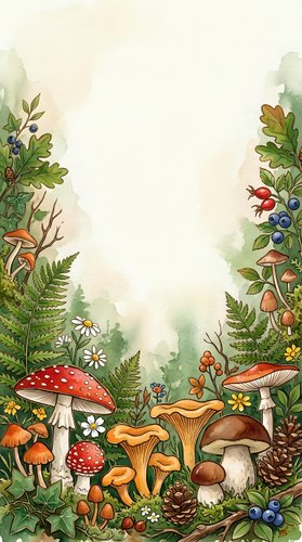 Whimsical forest floor scene with red and brown mushrooms, ferns, wildflowers, berries, and woodland plants on cream background. Isolated botanical illustration for design, stationery, and children's projects.