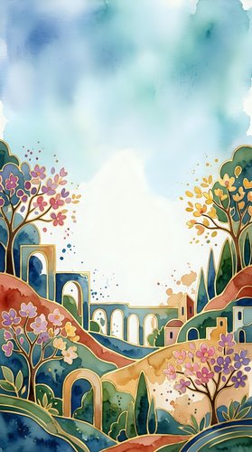 Watercolor fantasy landscape with colorful blooming trees, arched bridges, and Mediterranean village hills under a soft blue sky.
