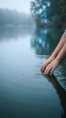 Woman hands touching calm lake water surface creating ripples in serene natural environment with trees reflected in background for wellness concepts.