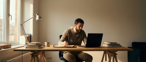 Young man with dark hair and beard, wearing casual brown shirt, focused on work at wooden desk with laptop, coffee cup, and desk lamp in minimalist home office space.