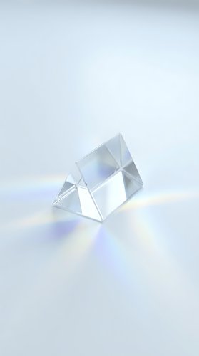 Clear crystal prism refracting rainbow light spectrum on white background creating colorful optical dispersion effect for science education and design projects.