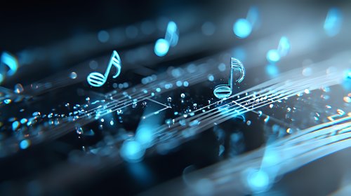 Glowing blue musical notes and staves float over dark background with bokeh light effects and shimmering particles creating magical atmosphere.