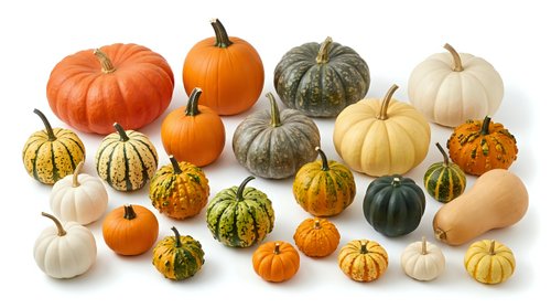 Colorful autumn pumpkin and gourd collection featuring various sizes and varieties in orange, white, green and yellow hues isolated on white background.