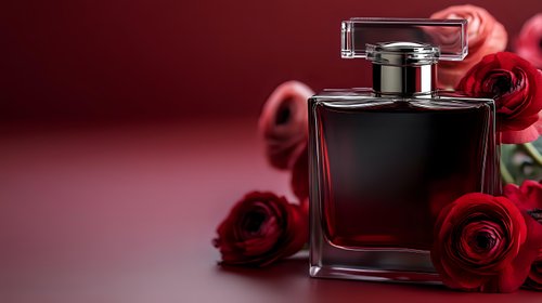 Luxury perfume bottle with red roses on burgundy background for romantic fragrance advertising and beauty product marketing campaigns.