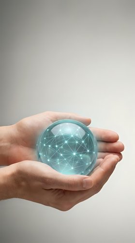 Hand holding transparent sphere with glowing digital network connections inside, representing global technology, innovation, and data connectivity for business solutions.