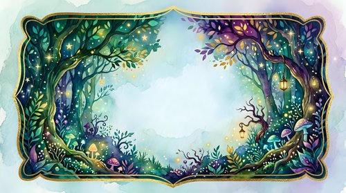 Enchanted forest frame with mystical foliage and magical plants creating ornate border for fairy tale designs and fantasy storytelling projects.