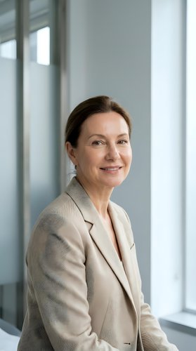 Professional mature businesswoman in beige suit smiling confidently in modern office environment with natural lighting for corporate communications.