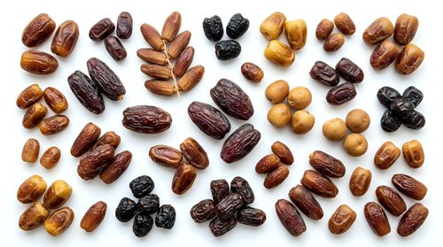 Assorted nuts and dried fruits isolated on white background, including almonds, walnuts, pecans, dates, and raisins for healthy snacking, nutrition, and culinary design projects.