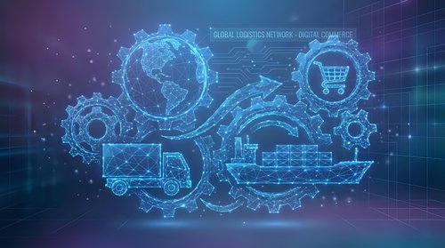 Digital supply chain network with interconnected gears showing global logistics, delivery truck, shopping cart and warehouse icons on futuristic blue background.