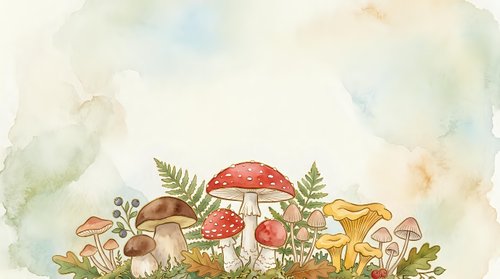 Watercolor illustration of red and brown mushrooms with ferns and foliage on aged paper background, suitable for autumn designs, botanical art, and nature-themed projects.