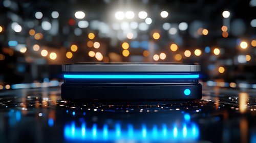 Glowing blue neon light bar reflected on wet surface with blurred bokeh lights in background creates futuristic atmospheric nighttime scene.