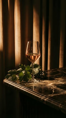 Elegant wine glass filled with white wine on marble table with fresh grapes and vine leaves against warm wooden background for luxury dining concepts.