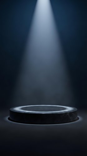 Dark marble podium platform illuminated by dramatic spotlight beam for luxury product display and presentation showcase.