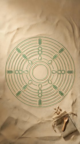 Sacred geometry mandala with wheat grain symbols drawn on kraft paper with natural twine and dried botanicals, representing harvest cycles and spiritual growth for wellness and meditation design projects.