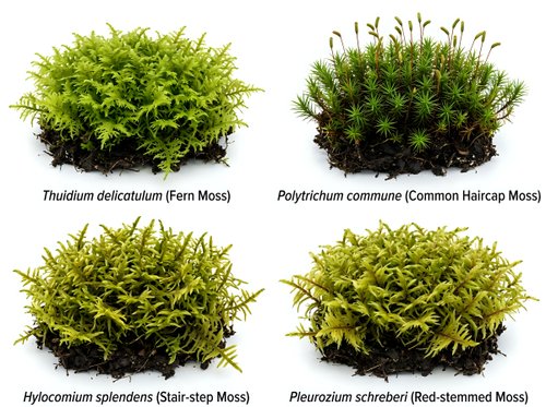 Four different moss species specimens isolated on white background showing botanical diversity for educational and scientific reference materials.