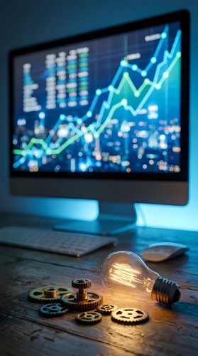 Monitor displaying upward trending financial charts with glowing blue graphs, accompanied by illuminated lightbulb and golden gears on desk for business innovation and growth concepts.