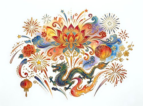 Ornate dragon and lotus flower with fireworks and lanterns in vibrant gold, red, and blue colors on isolated white background, ready for design projects.