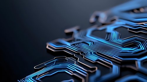 Glowing blue circuit board paths on dark background with intricate electronic traces and connections creating futuristic technology pattern.