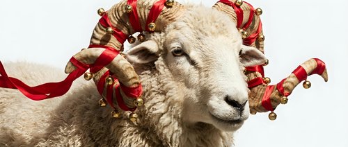 Cream-colored sheep wearing festive red and gold decorative horns with ribbons against white background, isolated for holiday design projects.