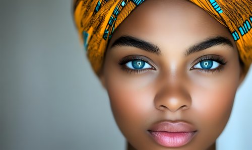 Young African woman wearing traditional headwrap in vibrant yellow and turquoise pattern, striking blue eyes and natural makeup against soft gray background.