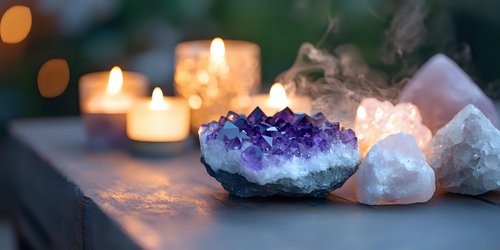 Amethyst crystal cluster and healing stones with glowing candles creating spiritual atmosphere on wooden surface. Meditation and mindfulness concept.