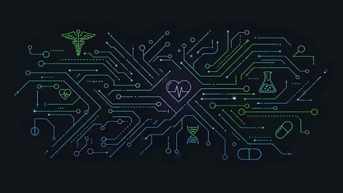 Medical technology circuit board with healthcare symbols, stethoscope, pills, DNA, syringe icons in green and blue neon lines on dark background.