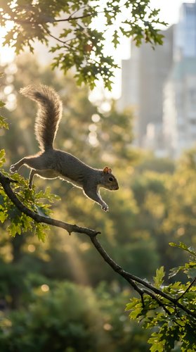Gray squirrel jumping between tree branches in golden sunlight with urban park background and green foliage for wildlife and nature content.