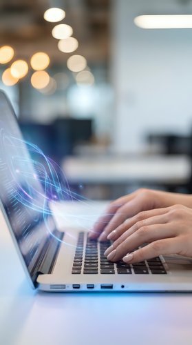 Hands typing on laptop with digital data streams and light effects in modern office environment for technology and business concepts.
