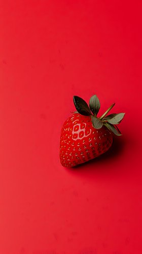 Fresh ripe strawberry with green leaves isolated on vibrant red background. Minimalist food photography with copy space for text or design elements.