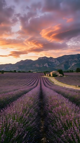 Lavender field rows leading to rustic stone farmhouse under dramatic sunset sky with mountains in background creating peaceful rural landscape scene.