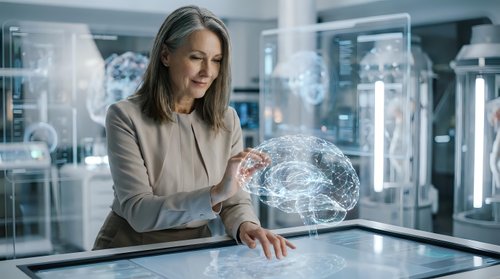 Middle-aged woman with light brown hair, Caucasian ethnicity, wearing business casual attire, interacting with holographic globe display in modern tech office environment for innovation and digital transformation concepts.