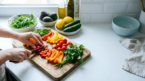 Hands chopping fresh colorful vegetables on wooden cutting board in modern kitchen for healthy meal preparation and cooking.