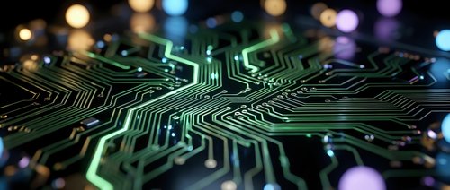 Glowing circuit board pathways with green and blue light effects on dark background, representing technology, data processing, and digital innovation for tech industry applications.