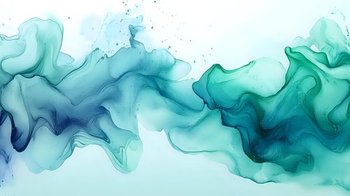 Flowing turquoise and teal alcohol ink abstract on white background creates ethereal smoke-like pattern. Fluid art technique shows dynamic movement and organic shapes.