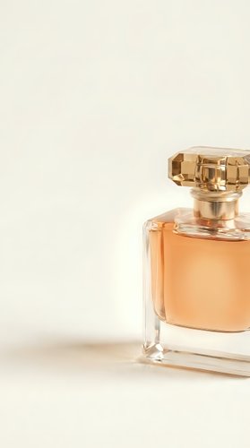 Elegant amber perfume bottle with golden cap on neutral background for luxury cosmetics and fragrance advertising campaigns.