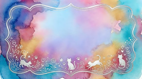 Watercolor pastel background with decorative cat border, floral swirls, and paw prints in soft pink, blue, and yellow tones.
