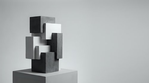 Abstract geometric sculpture with stacked cubes in black, white and gray tones on minimalist pedestal for modern art and design concepts.