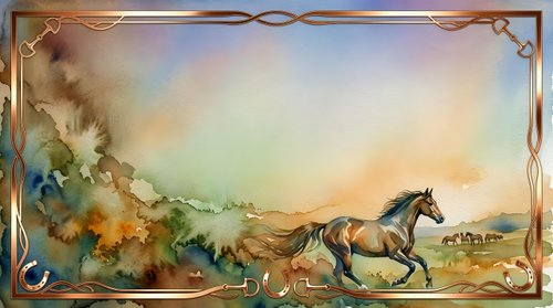 Galloping horse running through rural landscape at sunset with watercolor style border frame and decorative elements for western themed designs.