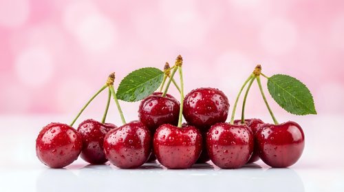 Fresh ripe red cherries with green leaves arranged in row on white surface against soft pink bokeh background for summer fruit concepts.