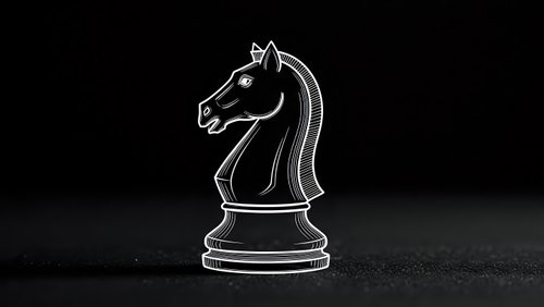 Chess knight piece with glowing white outline on dark background. Strategic game concept for business planning, tactical thinking and leadership decisions.