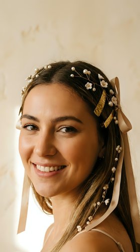Young woman with pearl hair accessories and ribbons smiling warmly in natural light for wedding or special occasion styling and beauty concepts.