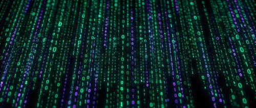 Digital matrix code rain with green and blue binary data streams flowing downward creating futuristic cyberpunk atmosphere for technology backgrounds.