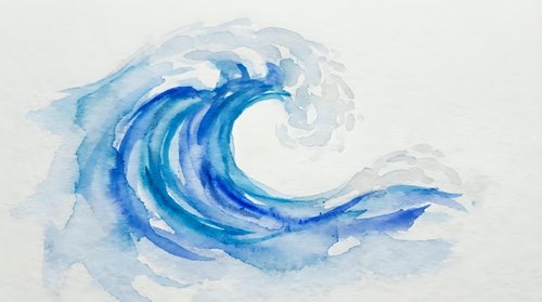 Blue watercolor ocean wave with flowing motion and splash effects on textured paper background for coastal decor and marine themed designs.