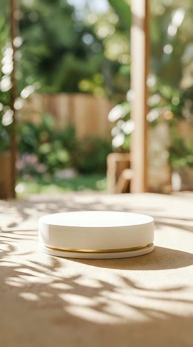 White marble podium with gold accent on wooden surface in blurred garden setting with natural sunlight and shadow patterns for product display.
