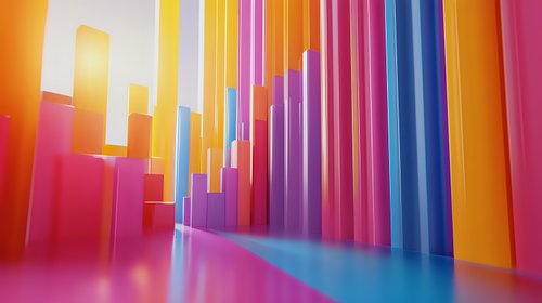 Vibrant multicolored geometric columns create abstract architectural space with dramatic lighting effects and reflective floor surface in pink, purple, yellow and blue tones.